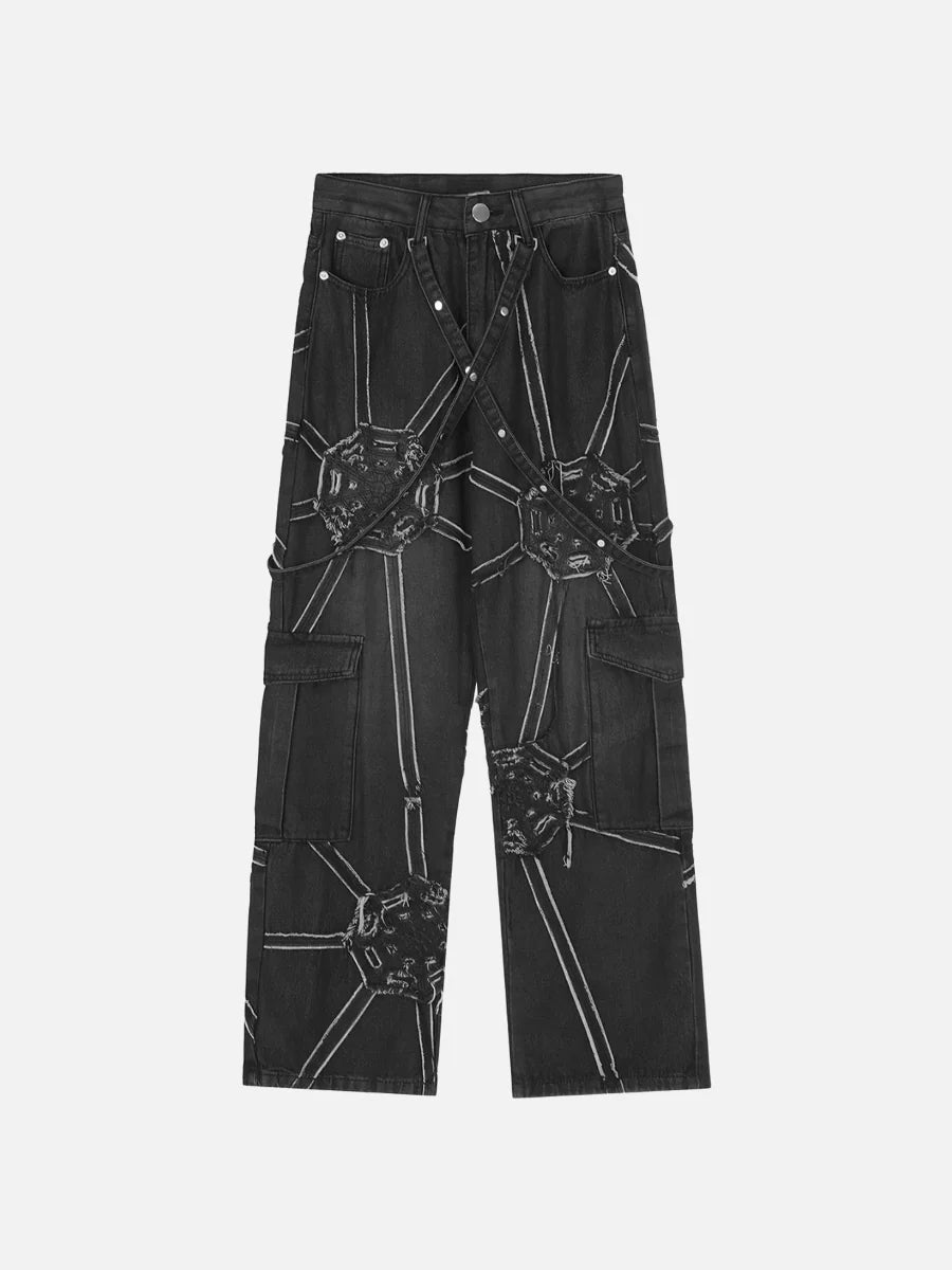 Spider Denim Pants | Loose Fit Cargo Jeans with Spider Web Design