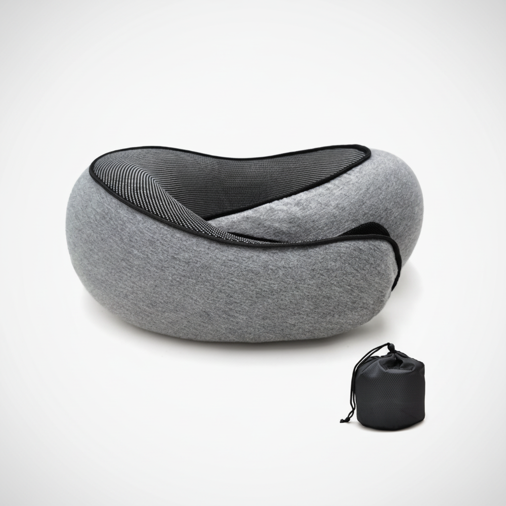 Gray neck pillow with carrying bag on a white background
