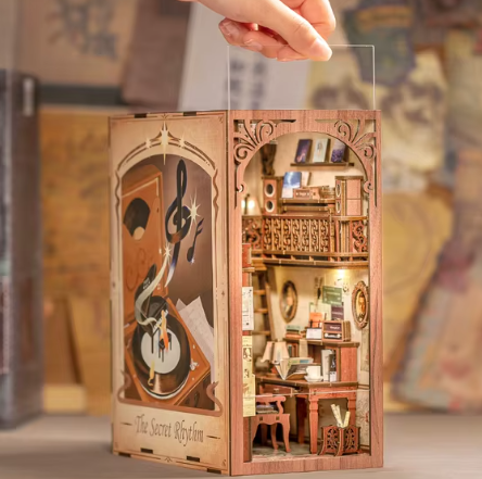 3D Wooden Book Stand Puzzle | Secret Compartment Novelty Desk Decor with Touch Light
