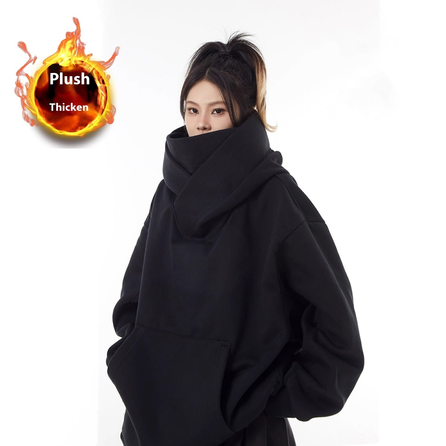 Loose High Collar Fleece Lined Hoodie | Cozy Winter Sweater