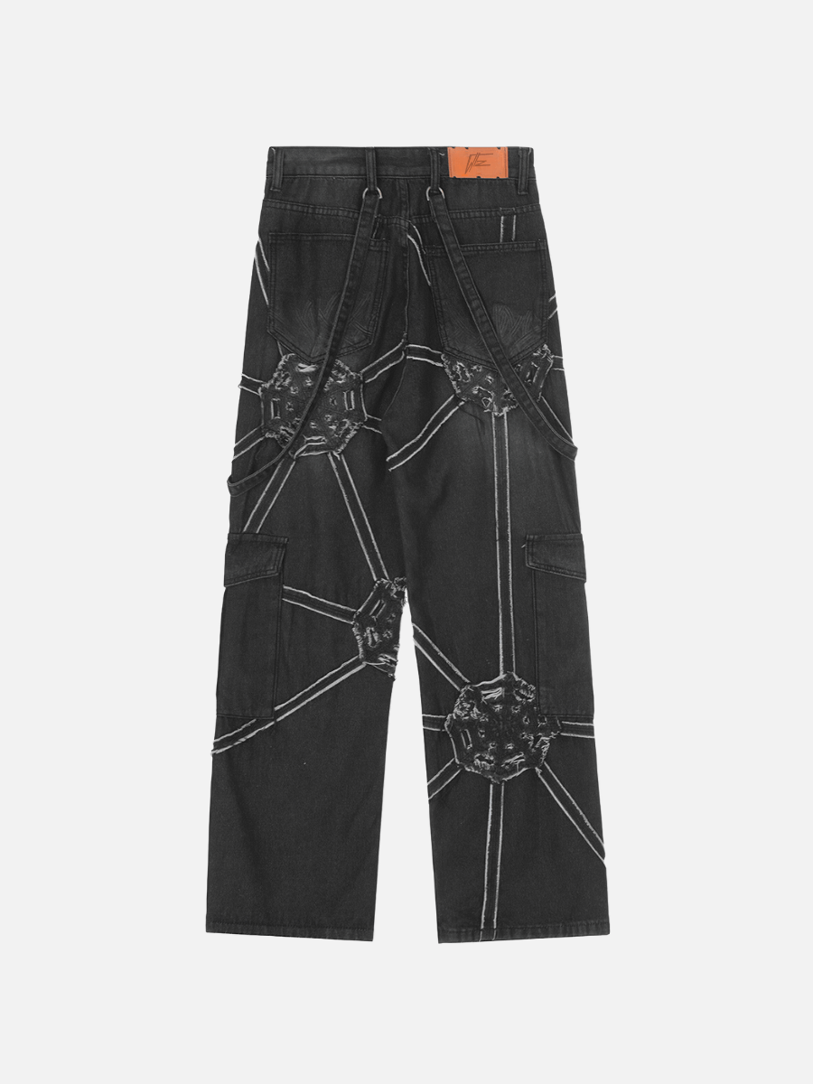Spider Denim Pants | Loose Fit Cargo Jeans with Spider Web Design