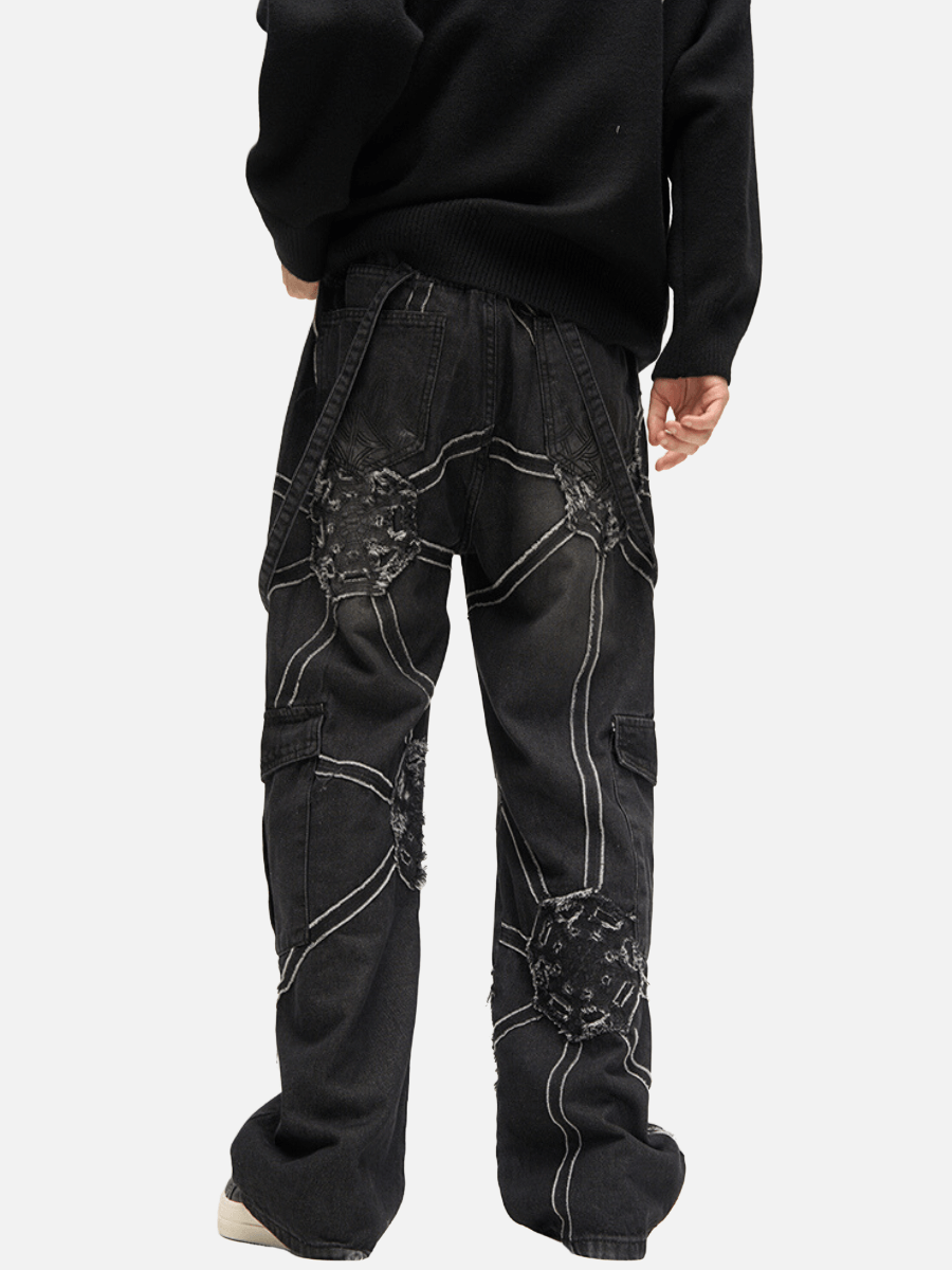 Spider Denim Pants | Loose Fit Cargo Jeans with Spider Web Design