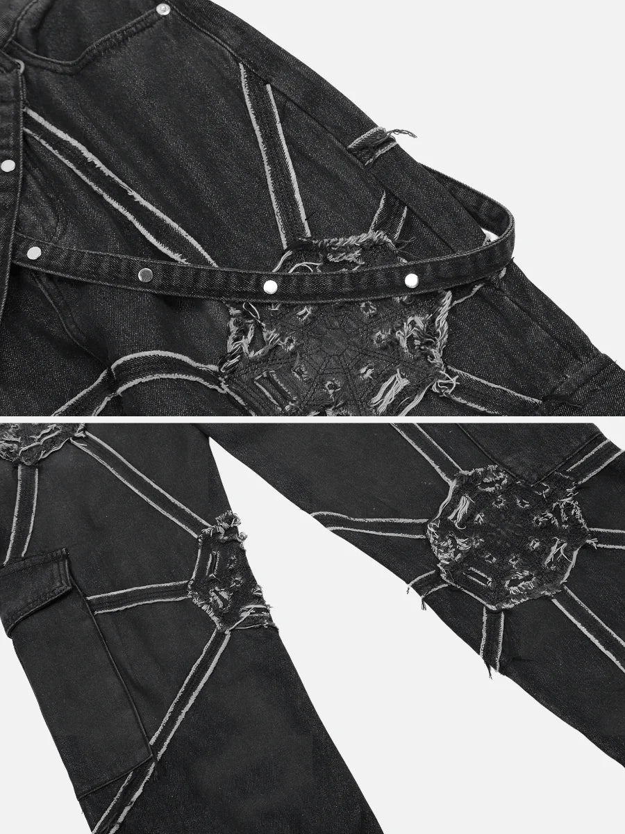 Spider Denim Pants | Loose Fit Cargo Jeans with Spider Web Design