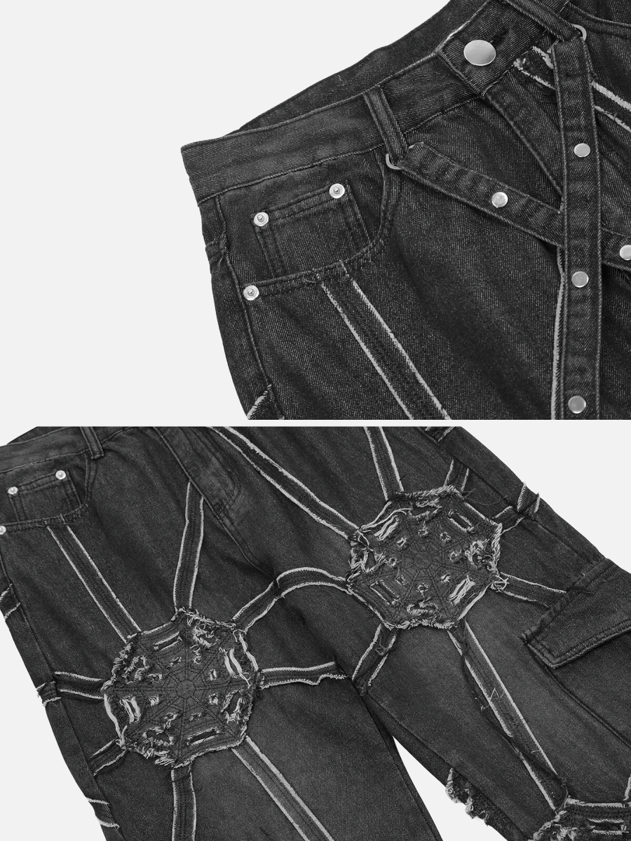 Spider Denim Pants | Loose Fit Cargo Jeans with Spider Web Design