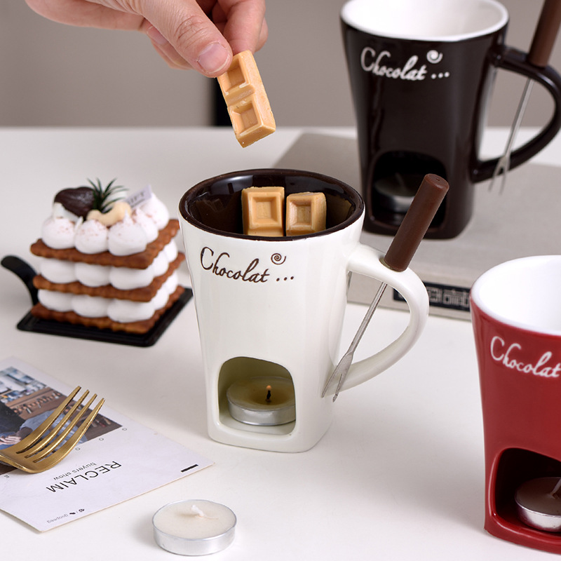 Ceramic Individual Fondue Mug Set – Chocolate & Cheese Dipping Cups