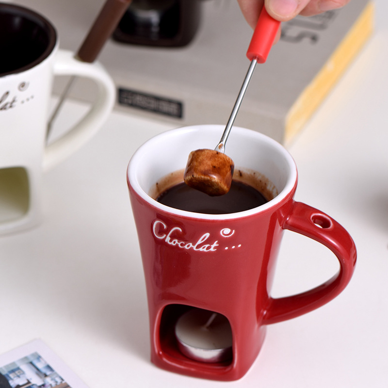 Ceramic Individual Fondue Mug Set – Chocolate & Cheese Dipping Cups